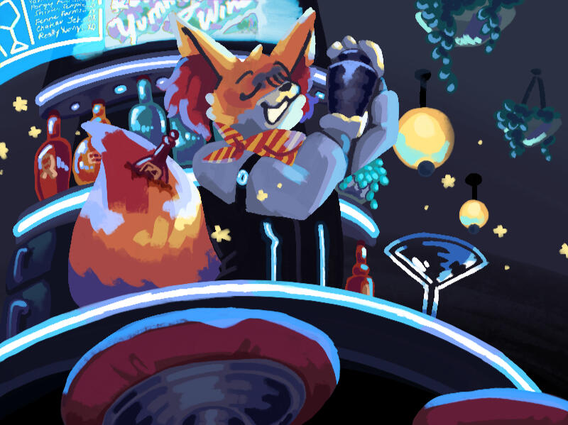 A braixen, Fenne, stands behind a neon-lit bar and shakes up a cocktail in a silver shaker. Behind him is a cylindrical structure that comprises a fridge, a shelf for drink bottles, and a TV screen.